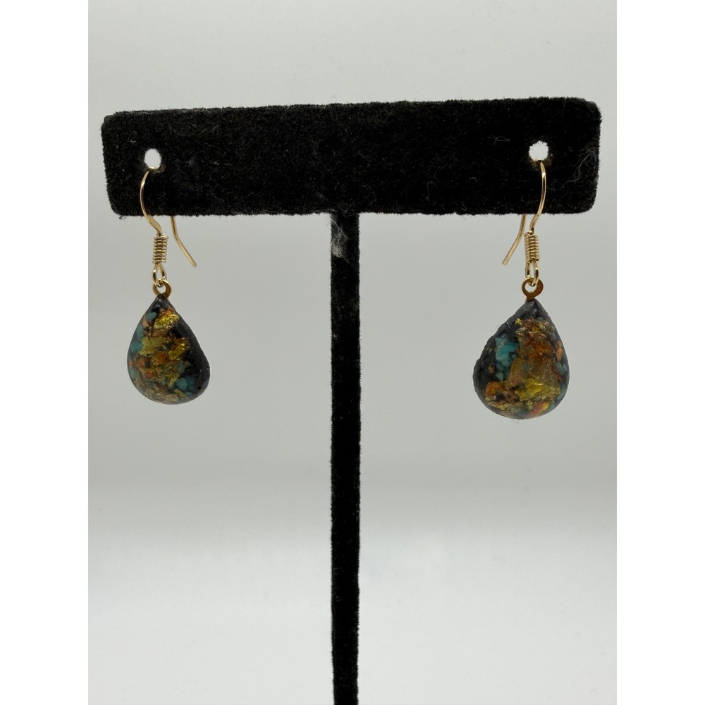 Gold Tone Turquoise Mosaic Teardrop Dangle Earrings Bohemian Resin Drop